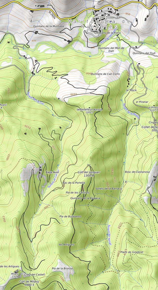 Mapa topogràfic amb el traçat de la ruta Castell de Milany a peu