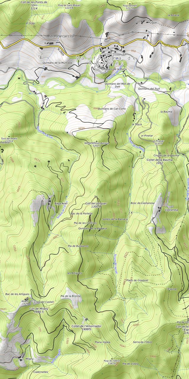 Mapa topogràfic amb el traçat de la ruta Milany en BTT elèctrica