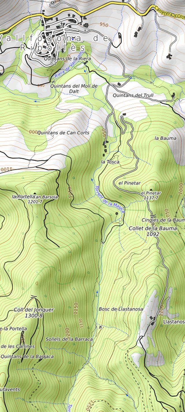 Mapa topogràfic amb el traçat de la ruta El Mont Rodolar
