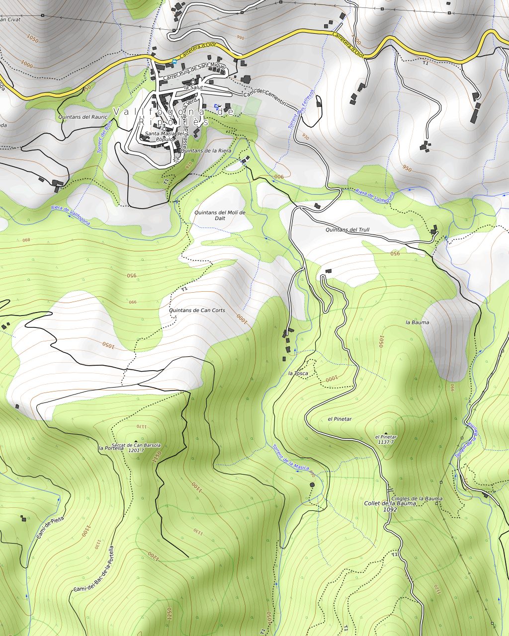 Mapa topogràfic amb el traçat de la ruta Pont medieval i la Tosca